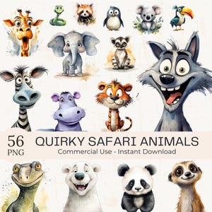 Watercolor Safari Animals Clipart: 56 PNG Bundle (Commercial Use) (Digital Download)