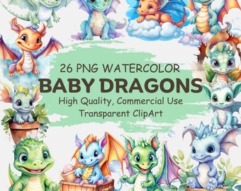 Watercolor Baby Dragon Clipart Bundle: Kawaii Nursery Art (PNG)