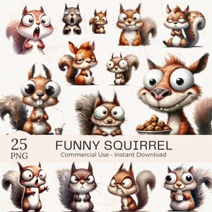 Funny Squirrel Clipart PNG Bundle: 27 Watercolor Quirky Animal Designs (Commercial Use)