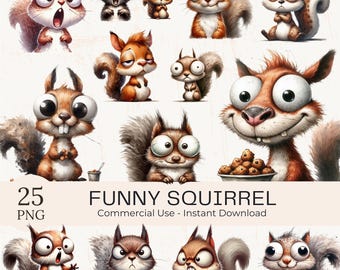 Funny Squirrel Clipart PNG Bundle: 27 Watercolor Quirky Animal Designs (Commercial Use)
