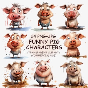 Mignon et drôle de cochon Clipart PNG & JPG Bundle - 24 aquarelle humour décalé dessin animé cochon ferme animaux Clip Art - téléchargement numérique à usage commercial
