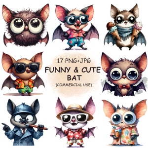 Paquete PNG de murciélagos lindos y divertidos: 17 imágenes prediseñadas de acuarela peculiares / Imagen de animales transparentes imprimibles / Descarga digital / Uso comercial