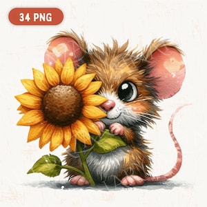 Flower Mouse Clipart: 34 Watercolor Spring Mice PNG Illustrations (Commercial Use)