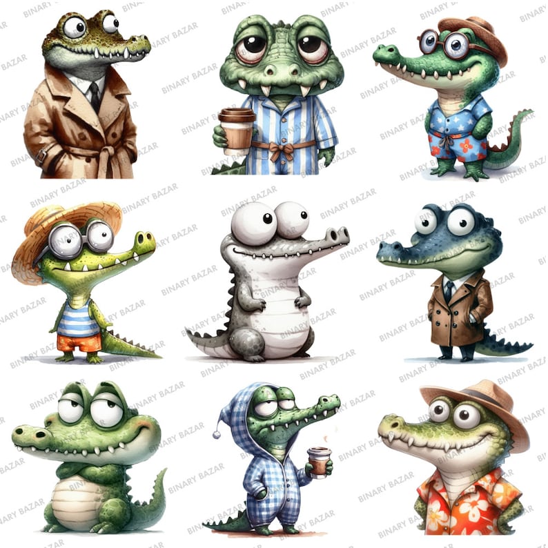 Watercolor Quirky Crocodile Clipart Bundle: Funny Alligator PNG for Sublimation (Commercial Use) image 2