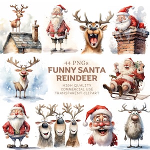 44 Funny and Cute Christmas Reindeer and Santa Claus Clipart PNG Bundle- Watercolor Quirky Xmas Clip Art, Printable Digital Download images