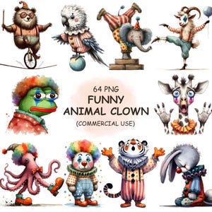 Pacote com 64 animais palhaços engraçados, clipart PNG – aquarela, arte peculiar de animais coringas, animais selvagens fofos para impressão, download digital para uso comercial