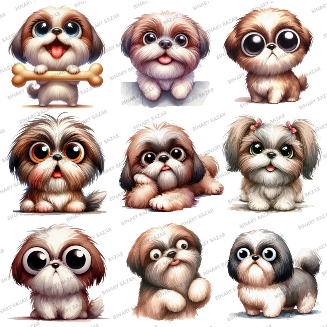 Watercolor Shih Tzu Clipart Bundle: 32 Funny Dog PNG & JPG (commercial ...