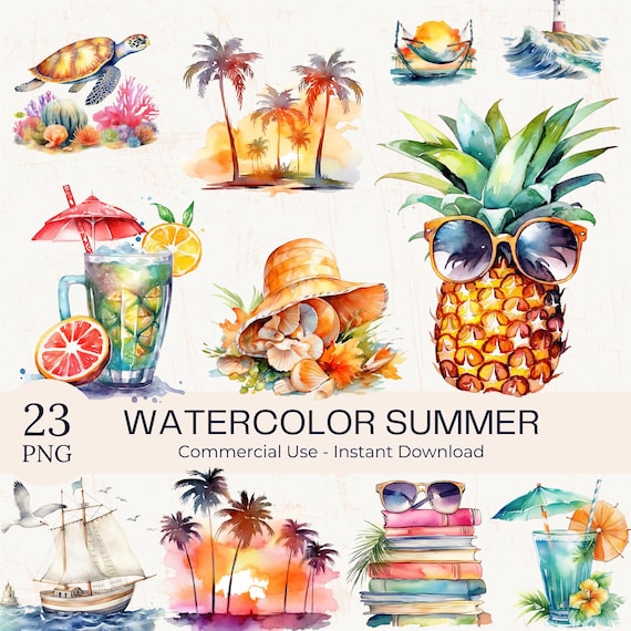 Watercolor Summer Clipart PNG Bundle – 23 Beach, Sunshine, Tropical Vibes Graphics (Commercial Use)