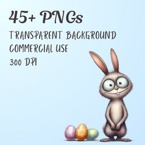 Op de afbeelding: Een cartoon illustratie van een grijze konijn met grote ogen en drie kleurrijke paaseieren. De afbeelding bevat de tekst "45+ PNG's", "Transparante achtergrond", "Commercieel gebruik" en "300 DPI" op een lichtblauwe achtergrond.