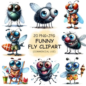 Divertenti insetti volanti estivi Clipart PNG + JPG Bundle - 20 clipart ad acquerello / Arte trasparente stampabile / Download digitale / Uso commerciale