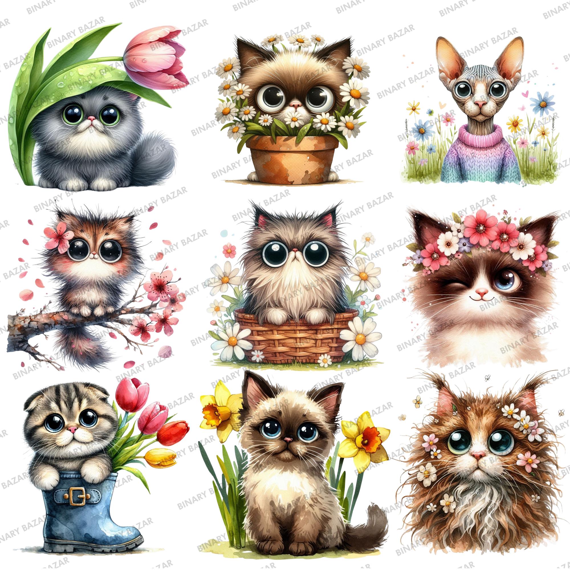 28 Funny Spring Cats Clipart: Watercolor Floral Pet Animals PNG Bundle ...