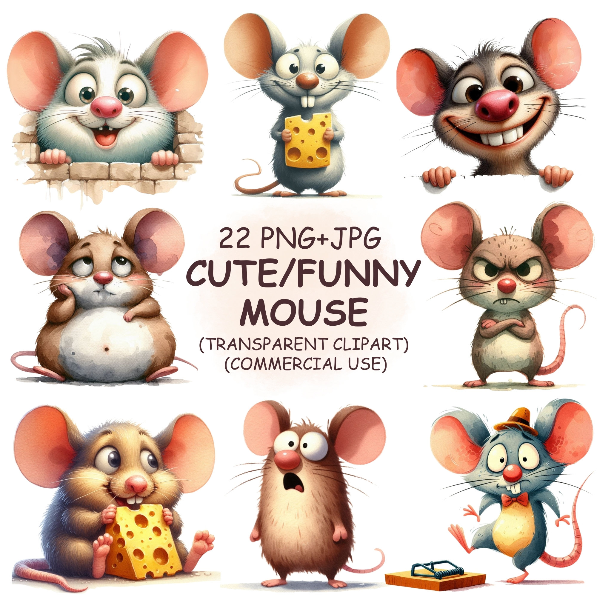 Cute and Funny Mouse Rat Clipart PNG & JPG Bundle - 22 Watercolor Humorous Cartoon Comic Animal Clip Art - Digital Download Commercial Use
