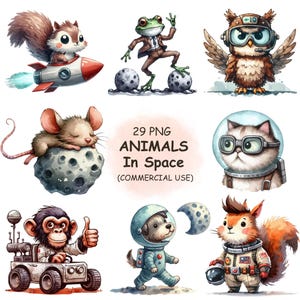 Clipart di animali carini e divertenti nello spazio PNG - Grafica di animali astronauti eccentrici, creature spaziali acquerellate, download digitale, uso commerciale