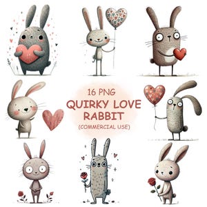 Ensemble de 16 lapins amoureux insolites, clipart mignon lapin de la Saint-Valentin PNG - Graphismes imprimables pour la Saint-Valentin | Utilisation commerciale | Téléchargement numérique