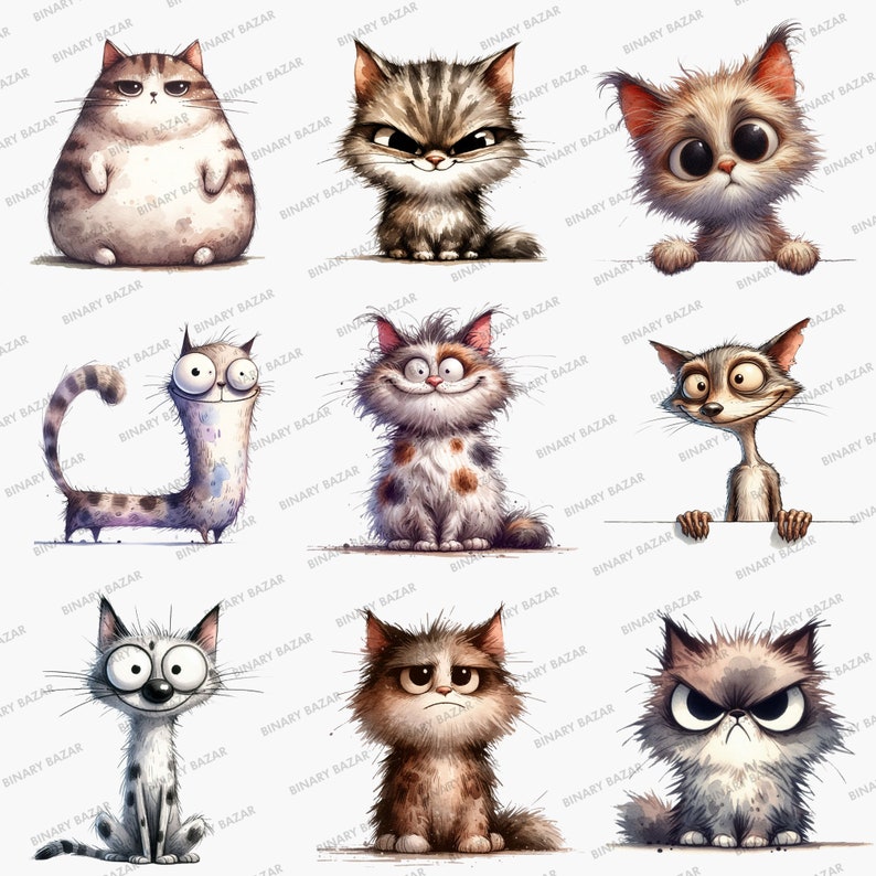 K&ouml;nnte beinhalten: Neun digitale Illustrationen von Katzen mit verschiedenen Ausdr&uuml;cken und Pers&ouml;nlichkeiten. Die Katzen sind im Cartoon-Stil mit aquarellartigen Texturen gezeichnet.