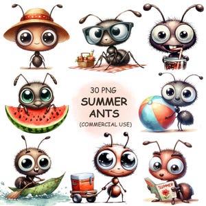 Sommer Ameisen Insekt Clipart PNG Bundle - 30 Aquarell niedliche lustige Strand Urlaub Ameisen Clipart, digitaler Download, kommerzielle Nutzung