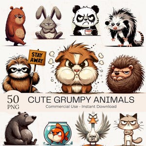 Paquete de 50 imágenes prediseñadas de animales gruñones: acuarela kawaii de safari y bosque en formato PNG (descarga digital)