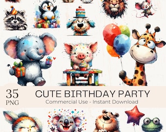 35 Funny Birthday Animals Clipart PNG Bundle: Watercolor Quirky Cartoon Graphics (Commercial Use)
