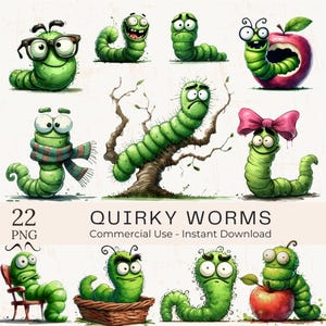 May include: A collection of whimsical green worm illustrations with various expressions and accessories. Some worms wear glasses, scarves, or bows. The image includes the text "Quirky Worms" and "Commercial Use - Instant Download".