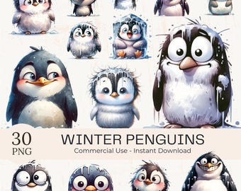 Funny Winter Penguin Clipart PNG Bundle: 30 Watercolor Quirky Snow Animal Graphics (Digital Download)