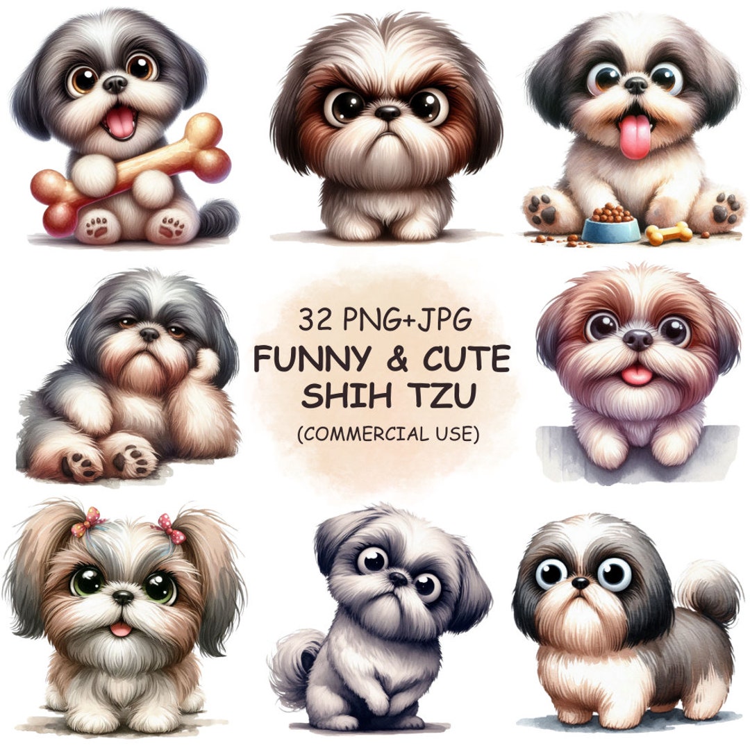 Funny and Cute Shih Tzu Clipart PNG&JPG Bundle - 32 Watercolor Quirky ...