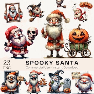 Quirky Spooky Santa Claus in Halloween Clipart PNG Bundle - Watercolor Cute Funny Comical Santa Clip Art, Printable Digital Download images