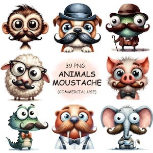 Skurrile lustige Tiere mit Schnurrbart Clipart PNG - Aquarell Papa Tier Clip Art druckbare transparente Kunst | Digitaler Download Kommerzielle Nutzung