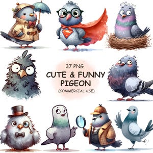 Bundle PNG de cliparts drôles de pigeons - 37 illustrations originales de pigeons à l'aquarelle pour impression, travaux manuels, agendas et plus | Téléchargement numérique