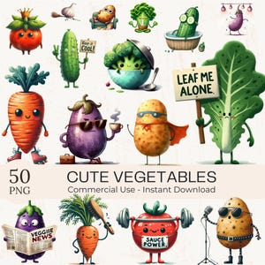 Funny Vegetable Clipart PNG Bundle: Cartoon Characters for Commercial Use (Digital Download)