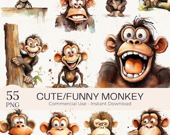 55 Watercolor Funny Monkey Clipart: 55 Quirky Expressive Wild Animals PNG Bundle (Commercial Use)