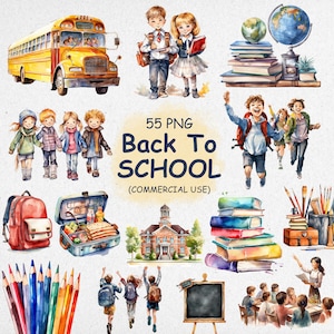 Zurück zu Schule ClipArt PNG für Lehrer - 55 Aquarell Schüler, Klassenzimmer, Schulbus, Rucksack, Bleistift, Notebook Illustrationen Grafiken