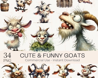 Watercolor Goat Clipart: 34 Funny Farm Animal PNG Images (Digital Download)