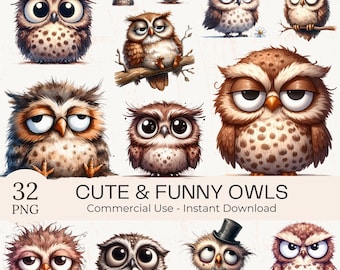 Watercolor Owl Clipart Bundle: 32 Funny Quirky Bird PNG JPG (Commercial Use)