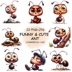 Paquete de imágenes prediseñadas de hormigas, divertidas y adorables, en formato PNG - 22 imágenes prediseñadas de hormigas peculiares en acuarela / Descarga digital transparente imprimible / Uso comercial