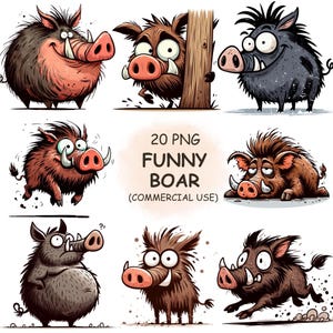 Paquete de imágenes prediseñadas de jabalíes divertidos y extravagantes (PNG) - 20 imágenes prediseñadas de animales salvajes de safari con humor expresivo en acuarela / Descarga instantánea / Uso comercial