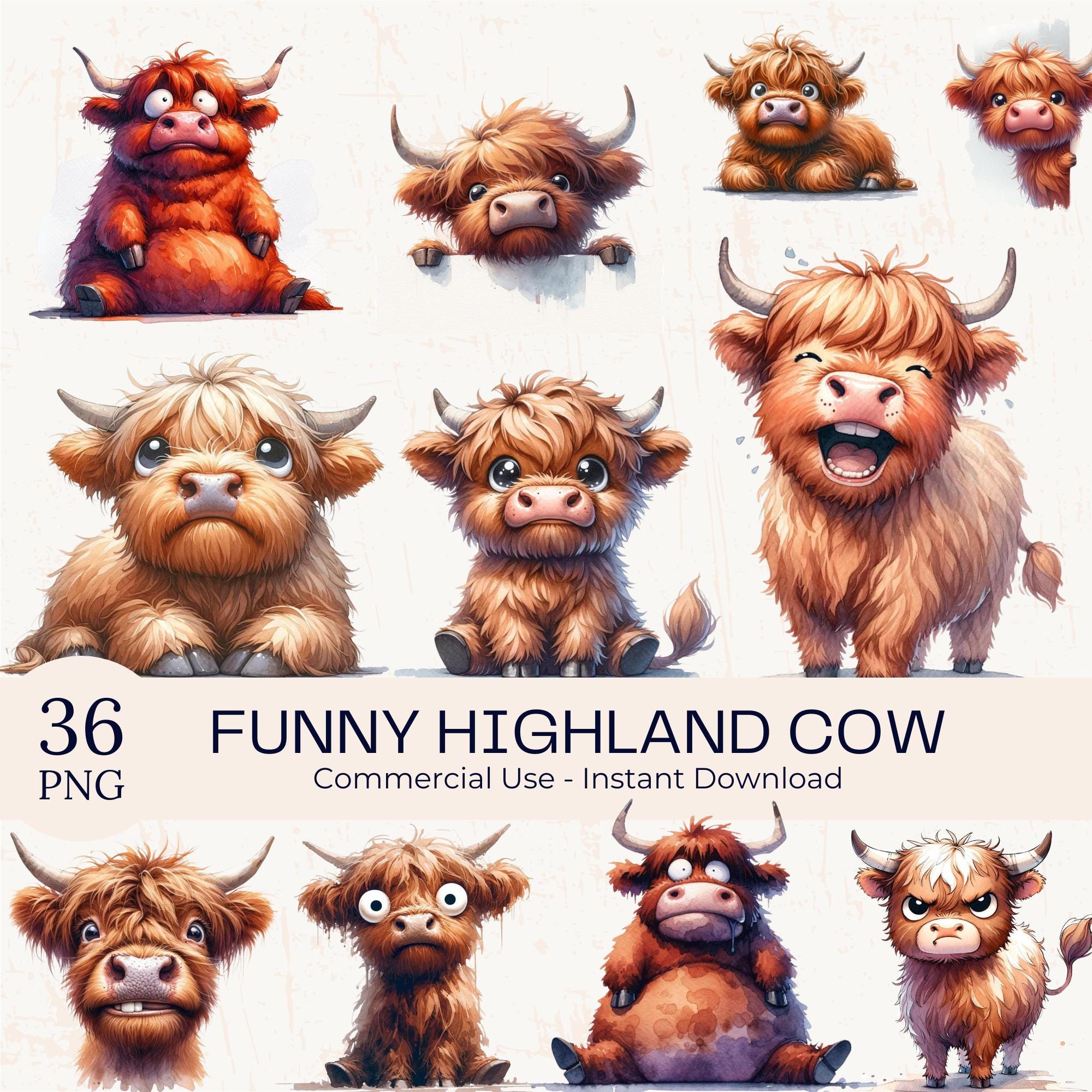 36 Funny Highland Cow Clipart: Watercolor Quirky PNG Farm Animal ...