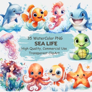 Cute Sea Animals ClipArt- Ocean ClipArt, Under the Sea Life PNG, Underwater Clipart- Adorable Ocean Nursery Decor PNG,35 Watercolor Clip Art