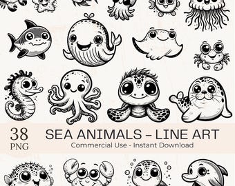 Pacote de clipart de animais marinhos com arte de linha: desenho animado preto e branco da vida no oceano (PNG, JPG, SVG)