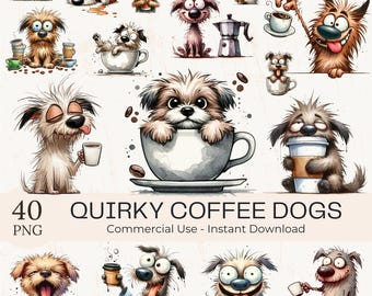 40 Quirky Coffee Dogs PNG Clipart Bundle: Funny Puppies Cartoon illustration Graphics (Digital Download) (Commercial Use)