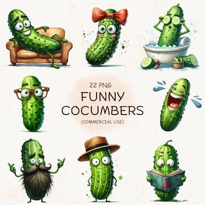 22 divertenti clipart di cetrioli in formato PNG - Immagini di personaggi di cartoni animati di sottaceti stravaganti ad acquerello - Download digitale - Uso commerciale