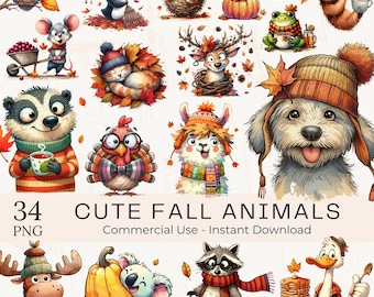 May include: A collection of 34 watercolor illustrations of cute fall animals, including an owl, penguin, hedgehog, squirrel, frog, sloth, mouse, deer, cat, badger, turkey, llama, dog, moose, koala, raccoon, and duck. The text reads "CUTE FALL ANIMALS".