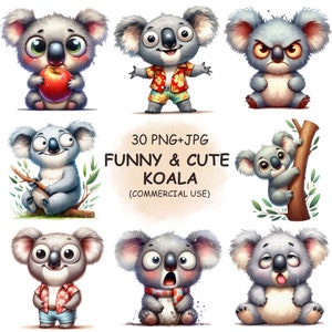 Lindo koala clipart PNG – Divertido paquete de animales de la selva en acuarela, 30 PNG de vida silvestre, fondo transparente, descarga digital