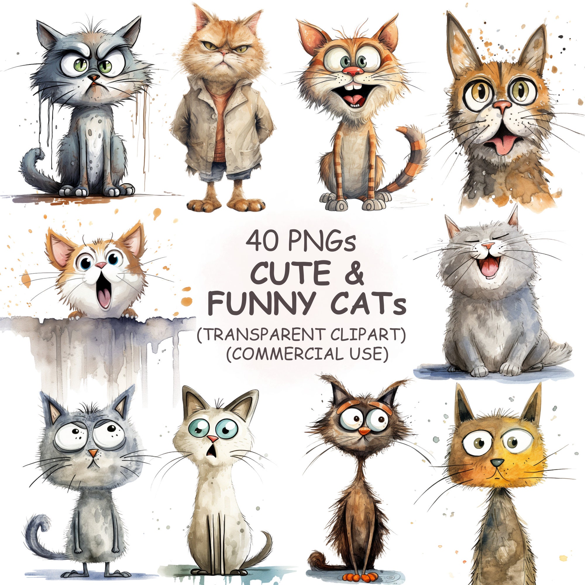 42 Cute and Funny Cats Clipart PNG Bundle Watercolor Quirky Animals ...