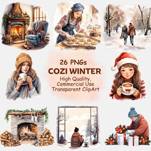 Gezellige winter clipart, aquarel kerst PNG illustraties, mooi meisje, warme chocolademelk, koffie, gezellige open haard, kersttijd, vakantie afdrukbare kunst