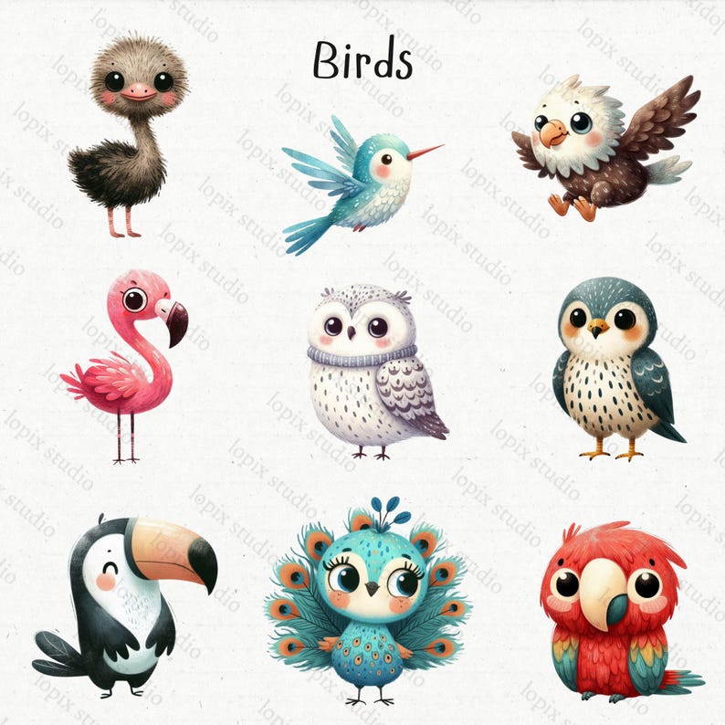 50 Kids Animals Clipart Bundle: Watercolor Nursery Kawaii Baby Animal ...