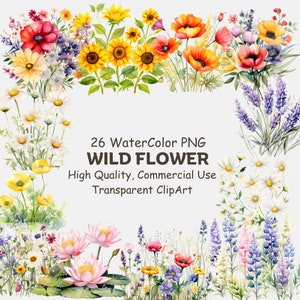 Flores silvestres Meadows PNG para uso comercial Arte digital para impressão Decoração de casamento – 26 Pacote de clipart de gráficos de buquê floral de flores em aquarela