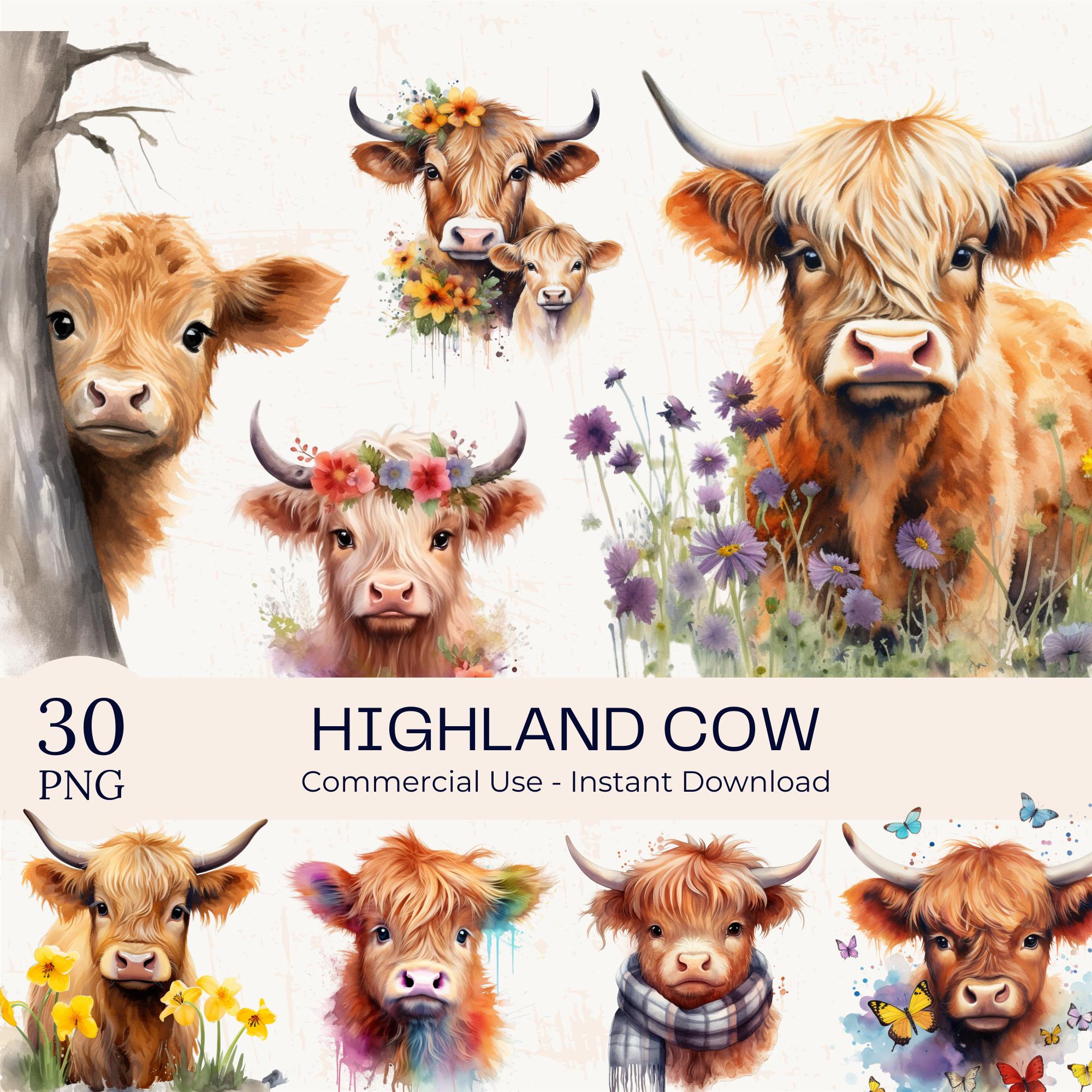 30 Watercolor Highland Cow Clipart PNG Bundle: Floral Rustic Farmhouse ...