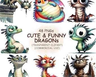 Watercolor Funny Dragons Clipart: 48 Quirky Mythical Animals (Digital Download)