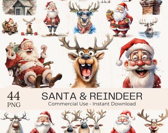 Quirky Santa & Reindeer Clipart: 44 Watercolor Funny Christmas PNG Bundle (Digital Download)