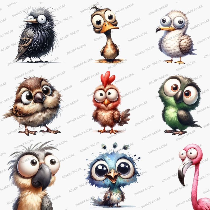 K&ouml;nnte beinhalten: Ein Set mit neun Cartoon-Tierillustrationen, die verschiedene V&ouml;gel, ein Huhn und einen Flamingo zeigen. Jedes Tier hat gro&szlig;e, ausdrucksstarke Augen und einen skurrilen, cartoonartigen Stil.